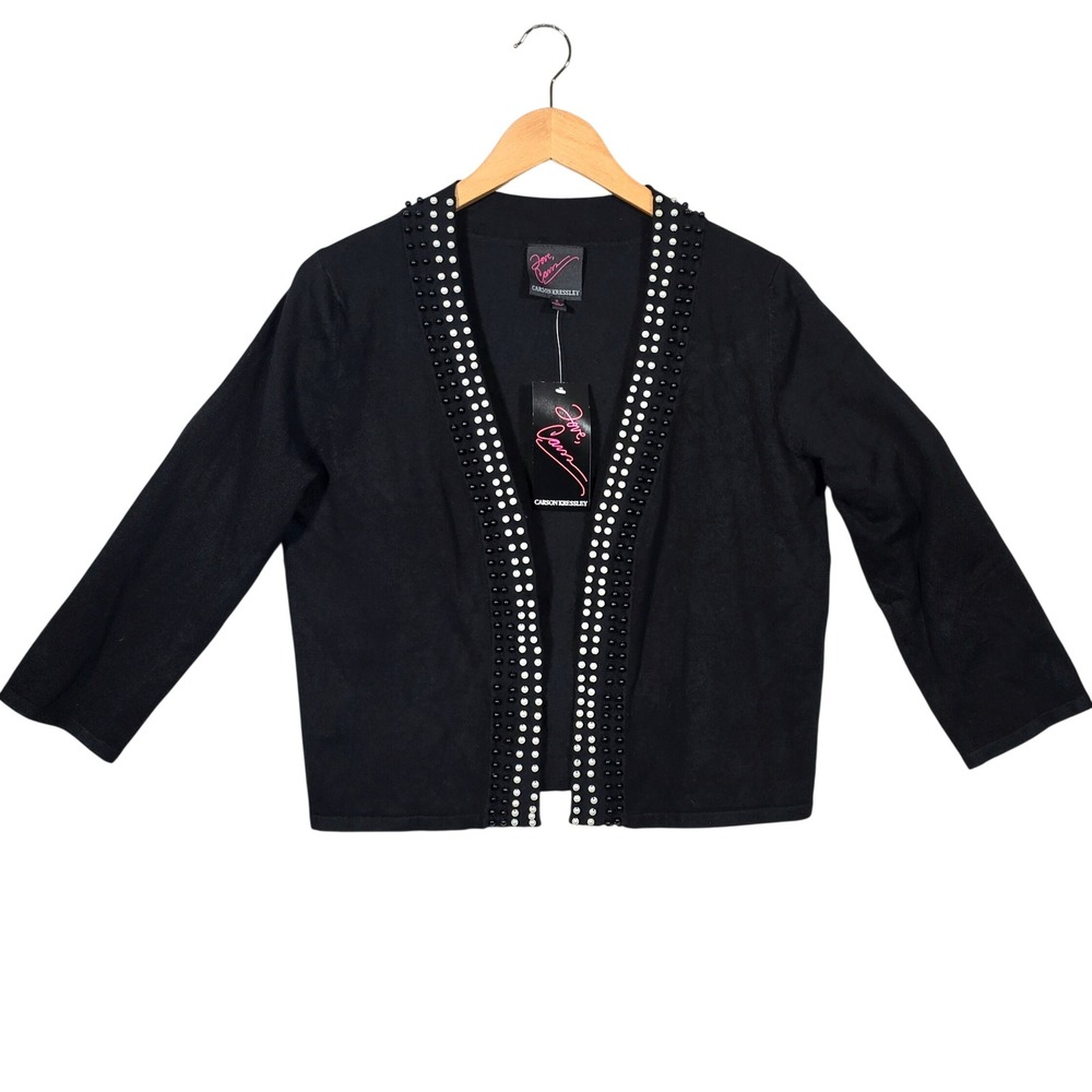 Love, Carmen Carson Kressley Black Beaded Open Front Cardigan Sweater Size S
